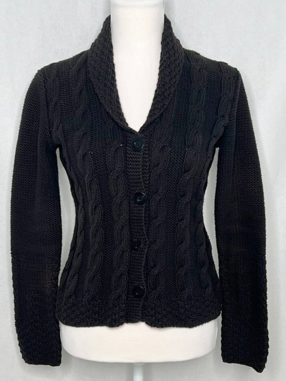 Sigrid Olsen XS Black Cable Knit Sweater Button Front